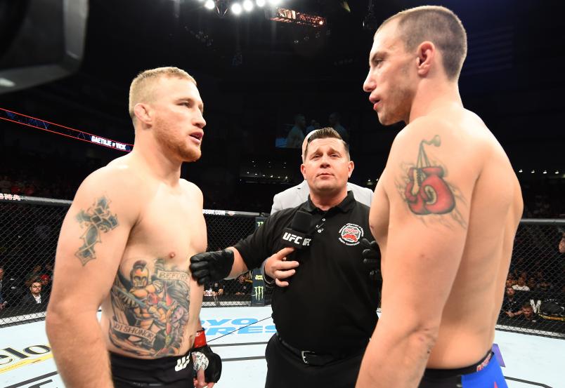 LINCOLN, NE - AUGUST 25: (L-R) Opponents Justin Gaethje and James Vick face off prior to their lightweight fight during the UFC Fight Night event at Pinnacle Bank Arena on August 25, 2018 in Lincoln, Nebraska. (Photo by Josh Hedges/Zuffa LLC/Zuffa LLC via Getty Images)