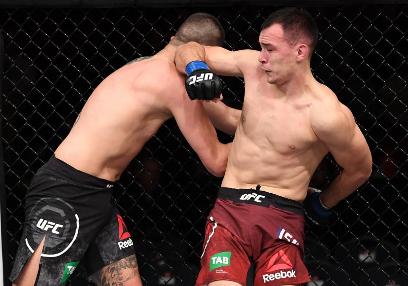 ADELAIDE, AUSTRALIA - DECEMBER 02: (R-L) Damir Ismagulov of Russia lands a spinning back elbow against Alex Gorgees of Australia in their lightweight bout during the UFC Fight Night event inside Adelaide Entertainment Centre on December 2, 2018 in Adelaide, Australia. (Photo by Jeff Bottari/Zuffa LLC/Zuffa LLC via Getty Images)