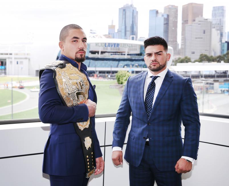 MELBOURNE, AUSTRALIA - DECEMBER 03: Robert Whittaker of Australia, UFC middleweight champion, poses with Kelvin Gastelum of the USA during a UFC press conference at Melbourne Arena on December 03, 2018 in Melbourne, Australia. (Photo by Michael Dodge/Zuffa LLC/Zuffa LLC)