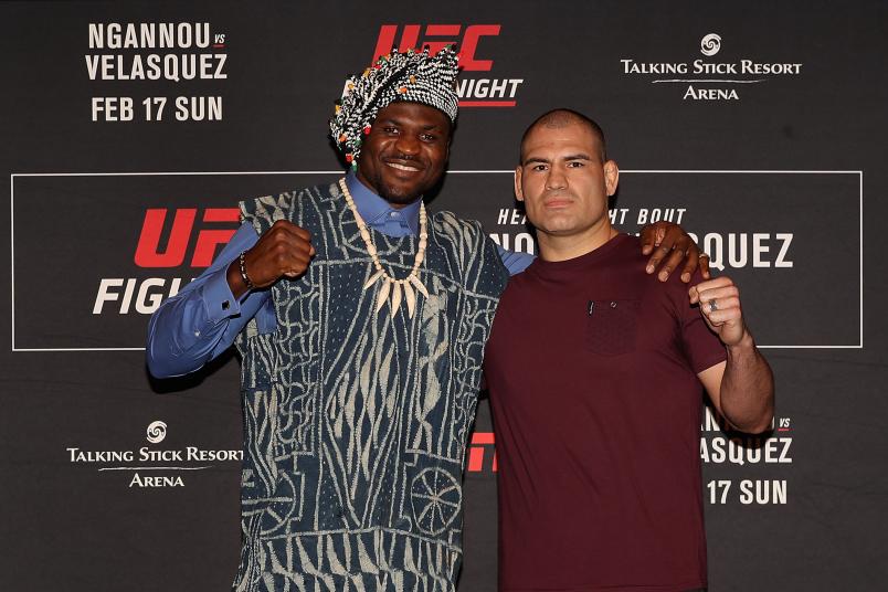 Francis Ngannou and Cain Velasquez pose together during a press conference for UFC Fight Night Ngannou vs. Velasquez at the Sheraton Grand Phoenix on February 15, 2019 in Phoenix, AZ. (Photo by Christian Petersen/Zuffa LLC)