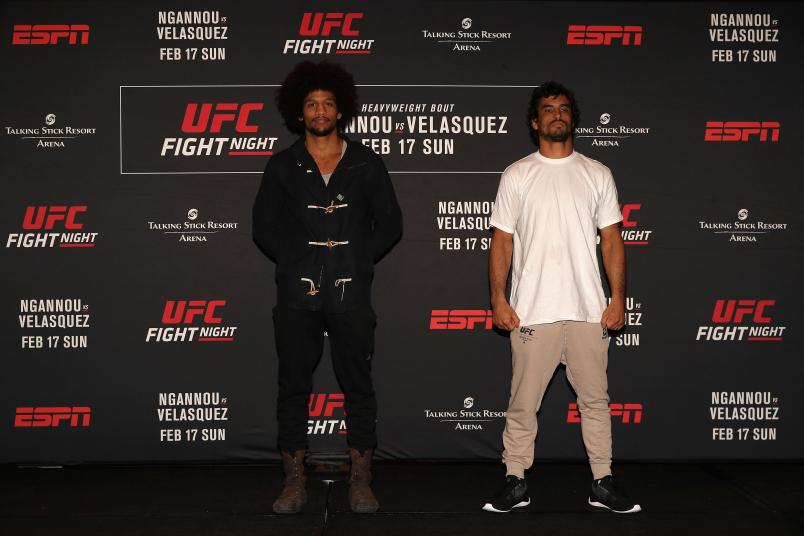 PHOENIX, ARIZONA - FEBRUARY 15: (L-R) Alex Caceres and Kron Gracie pose together during a press conference for UFC Fight Night Ngannou vs. Velasquez at the Sheraton Grand Phoenix on February 15, 2019 in Phoenix, Arizona. (Photo by Christian Petersen/Zuffa LLC/Zuffa LLC)