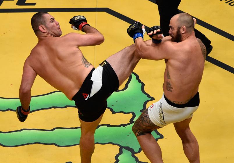 LAS VEGAS, NV - JULY 09: An overhead view of the Octagon as Cain Velasquez kicks Travis Browne during the UFC 200 event on July 9, 2016 at T-Mobile Arena in Las Vegas, Nevada. (Photo by Jeff Bottari/Zuffa LLC/Zuffa LLC via Getty Images)