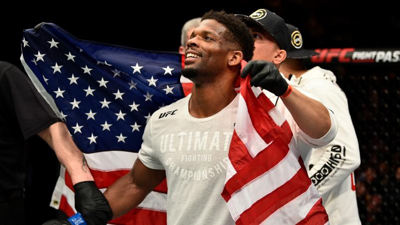 LONDON, ENGLAND - MARCH 17: Charles Byrd celebrates after submitting John Phillips in their middleweight bout inside The O2 Arena on March 17, 2018 in London, England. (Photo by Brandon Magnus/Zuffa LLC/Zuffa LLC via Getty Images)