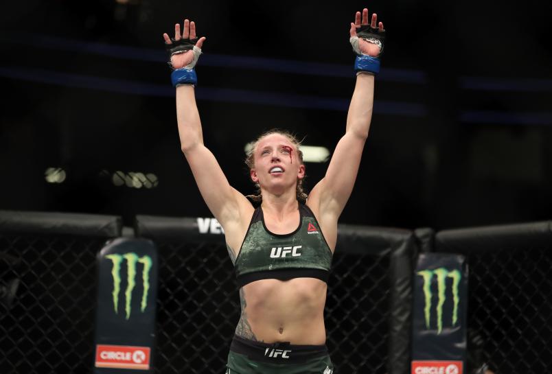 LAS VEGAS, NV - JULY 07: Emily Whitmire raises her arms in victory after her women's strawweight fight during the UFC 226 event inside T-Mobile Arena on July 7, 2018 in Las Vegas, Nevada. (Photo by Christian Petersen/Zuffa LLC/Zuffa LLC via Getty Images)