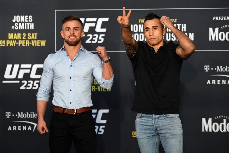 LAS VEGAS, NEVADA - FEBRUARY 27: (L-R) Cody Stamann and Alejandro Perez of Mexico pose for the media during the UFC 235 Ultimate Media Day at T-Mobile Arena on February 27, 2019 in Las Vegas, Nevada. (Photo by Jeff Bottari/Zuffa LLC/Zuffa LLC via Getty Images)