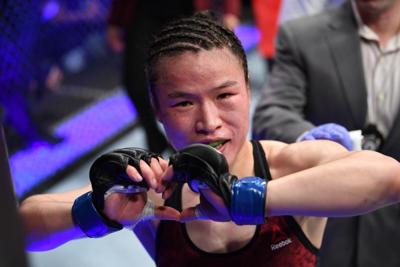 LAS VEGAS, NV - MARCH 02: Weili Zhang of China reacts to her win against Tecia Torres in their women's strawweight bout during the UFC 235 event at T-Mobile Arena on March 2, 2019 in Las Vegas, Nevada. (Photo by Jeff Bottari/Zuffa LLC/Zuffa LLC)