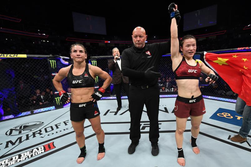 LAS VEGAS, NV - MARCH 02: Weili Zhang of China reacts to her win against Tecia Torres in their women's strawweight bout during the UFC 235 event at T-Mobile Arena on March 2, 2019 in Las Vegas, Nevada. (Photo by Jeff Bottari/Zuffa LLC/Zuffa LLC)