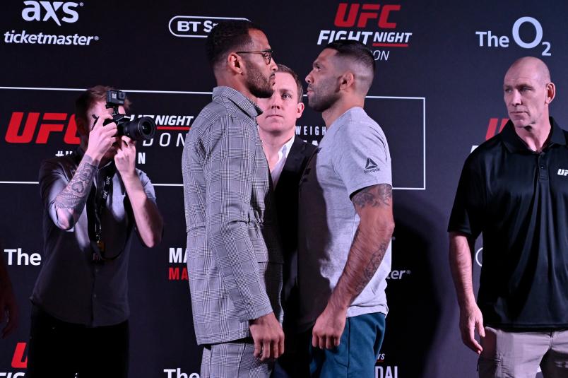 LONDON, ENGLAND - MARCH 14: (L-R) Danny Roberts of England and Claudio Silva of Brazil face off during the UFC Fight Night Ultimate Media Day at Glaziers Hall on March 14, 2019 in London, England. (Photo by Jeff Bottari/Zuffa LLC/Zuffa LLC via Getty Images)