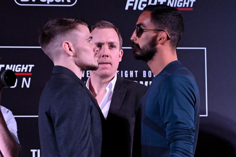 LONDON, ENGLAND - MARCH 14: (L-R) Nathaniel Wood of England and Jose Quinonez of Mexico face off during the UFC Fight Night Ultimate Media Day at Glaziers Hall on March 14, 2019 in London, England. (Photo by Jeff Bottari/Zuffa LLC/Zuffa LLC via Getty Images)
