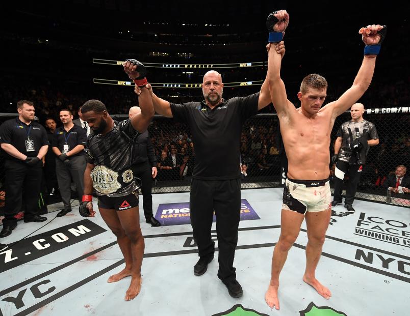 NEW YORK, NY - NOVEMBER 12: Stephen Thompson of the United States (right) and Tyron Woodley of the United States (left) have their fight declared a majority draw in their welterweight championship bout during the UFC 205 event at Madison Square Garden on November 12, 2016 in New York City. (Photo by Jeff Bottari/Zuffa LLC/Zuffa LLC via Getty Images)