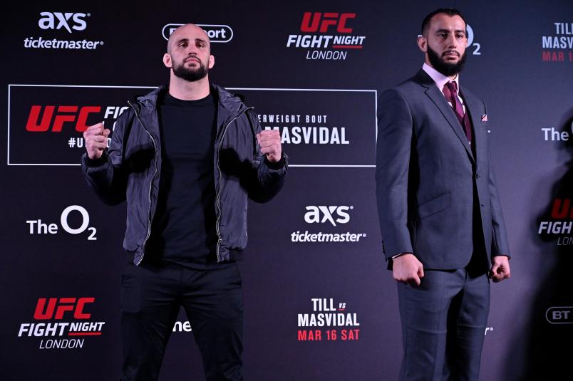 (L-R) Volkan Oezdemir of Switzerland and Dominick Reyes pose for media during the UFC Fight Night Ultimate Media Day at Glaziers Hall on March 14, 2019 in London, England. (Photo by Jeff Bottari/Zuffa LLC/Zuffa LLC via Getty Images)