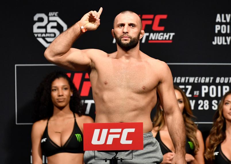 CALGARY, AB - JULY 27: Gadzhimurad Antigulov of Russia poses on the scale during the UFC Fight Night weigh-in at Scotiabank Saddledome on July 27, 2018 in Calgary, Alberta, Canada. (Photo by Jeff Bottari/Zuffa LLC/Zuffa LLC via Getty Images)