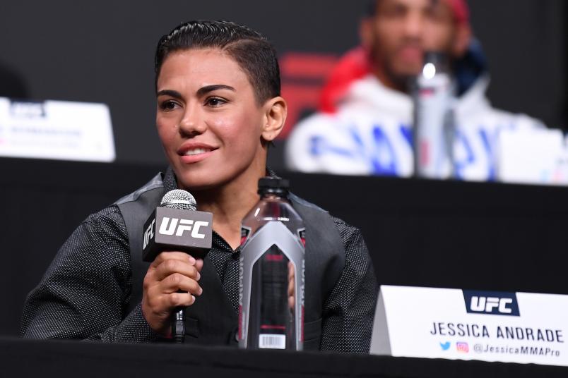 ATLANTA, GA - APRIL 12: Jessica Andrade of Brazil speaks with the media during the UFC Seasonal Press Conference inside State Farm Arena on April 12, 2019 in Atlanta, Georgia. (Photo by Josh Hedges/Zuffa LLC/Zuffa LLC via Getty Images)