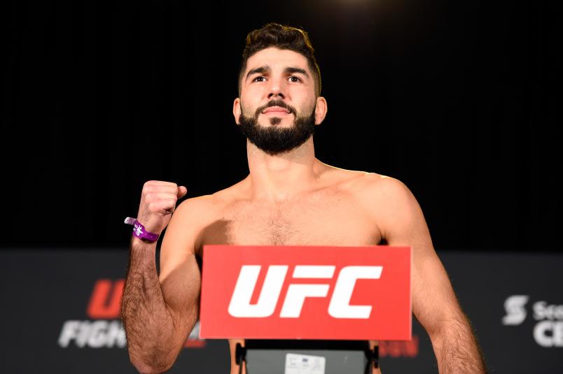 HALIFAX, NS - FEBRUARY 18: Aiemann Zahabi of Canada poses on the scale during the UFC Fight Night weigh-in at the World Trade Convention Centre on February 18, 2017 in Halifax, Nova Scotia, Canada. (Photo by Josh Hedges/Zuffa LLC/Zuffa LLC via Getty Images)