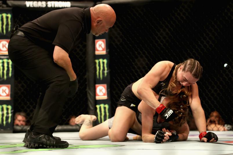 LAS VEGAS, NV - OCTOBER 06: Aspen Ladd (top) beats Tonya Evinger (bottom) to a TKO in their women's bantamweight bout during the UFC 229 event inside T-Mobile Arena on October 6, 2018 in Las Vegas, Nevada. (Photo by Christian Petersen/Zuffa LLC/Zuffa LLC)
