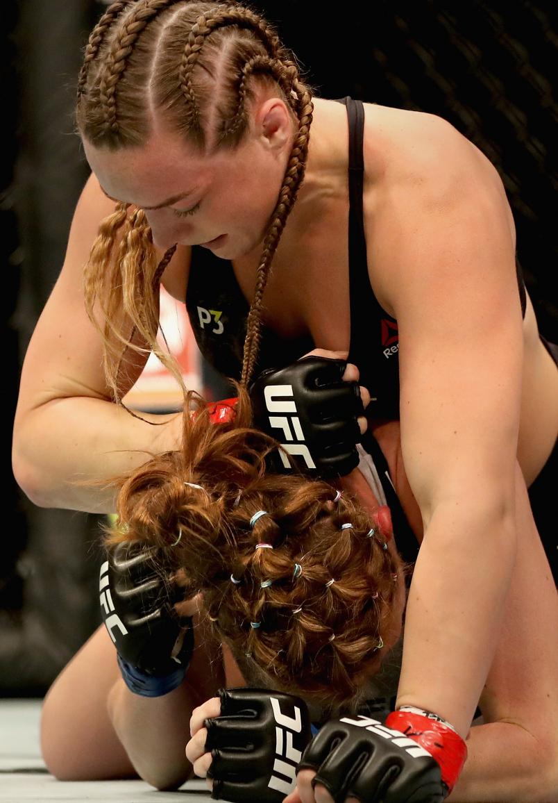 Aspen Ladd (top) holds down Tonya Evinger (bottom) in their women's bantamweight bout during the UFC 229 event inside T-Mobile Arena on October 6, 2018 in Las Vegas, Nevada. (Photo by Christian Petersen/Zuffa LLC)