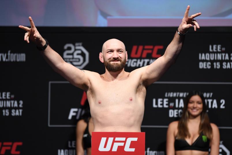 MILWAUKEE, WISCONSIN - DECEMBER 14: Zak Cummings poses on the scale during the UFC Fight Night weigh-in at Fiserv Forum on December 14, 2018 in Milwaukee, Wisconsin. (Photo by Jeff Bottari/Zuffa LLC/Zuffa LLC via Getty Images)