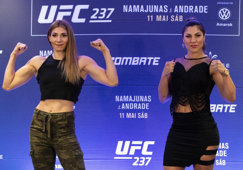 UFC bantamweight fighters Irene Aldana (L) of Mexico and Bethe Correia of Brazil pose for photographers during Ultimate Media Day on May 09, 2019 in Rio de Janeiro, Brazil. (Photo by Buda Mendes/Zuffa LLC)