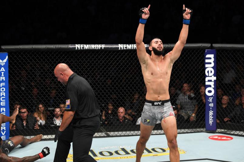 LAS VEGAS, NV - OCTOBER 06: Dominick Reyes raises his hands at the end of his light heavyweight bout during the UFC 229 event inside T-Mobile Arena on October 6, 2018 in Las Vegas, Nevada. (Photo by Josh Hedges/Zuffa LLC/Zuffa LLC)