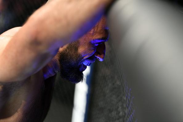 Omari Akhmedov of Russia reacts after finishing three rounds with Tim Boetsch