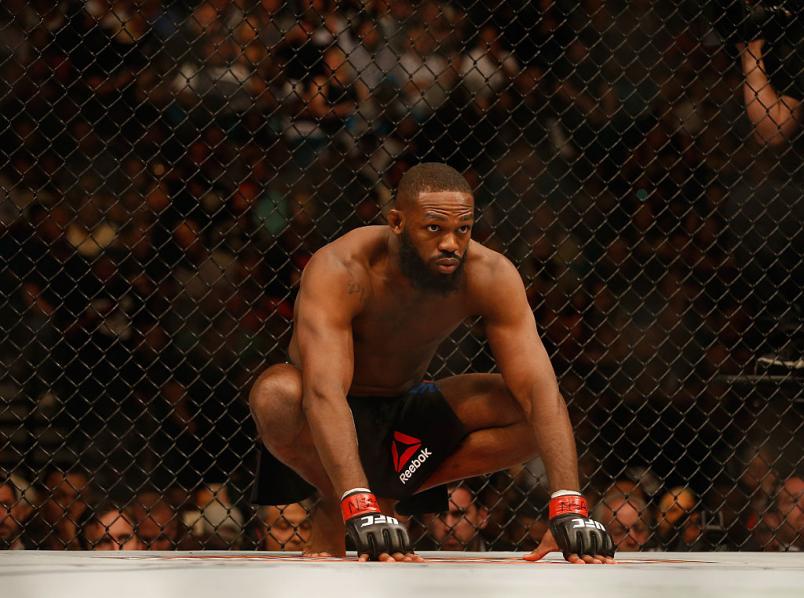 LAS VEGAS, NV - APRIL 23: Jon Jones enters the Octagon before facing Ovince Saint Preux in their interim UFC light heavyweight championship bout during the UFC 197 event inside MGM Grand Garden Arena on April 23, 2016 in Las Vegas, Nevada. (Photo by Chr