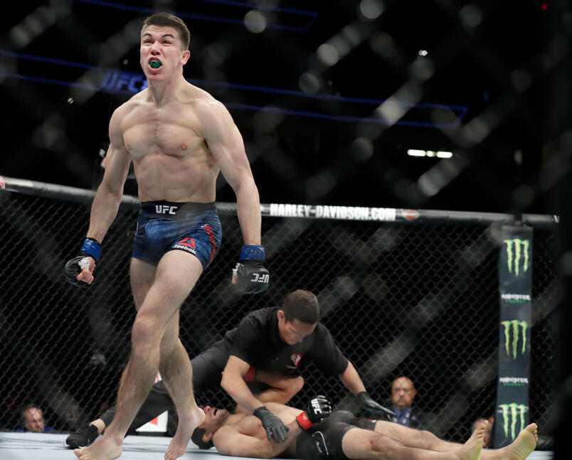 LAS VEGAS, NV - MARCH 03: Alexander Hernandez reacts after defeating Beneil Dariush by TKO in a lightweight bout duirng UFC 222 at T-Mobile Arena on March 3, 2018 in Las Vegas, Nevada. (Photo by Isaac Brekken/Getty Images)