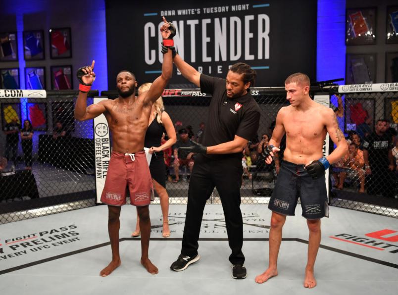 LAS VEGAS, NV - JUNE 12: Montel Jackson celebrates after his TKO victory over Rico Disciullo in their bantamweight bout during Dana White's Tuesday Night Contender Series at the TUF Gym on June 12, 2018 in Las Vegas, Nevada. (Photo by Jeff Bottari/DWTNCS