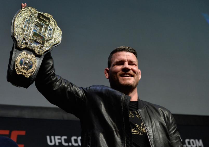 LAS VEGAS, NV - MARCH 03: UFC middleweight champion Michael Bisping raises his belt during the UFC press conference at T-Mobile arena on March 3, 2017 in Las Vegas, Nevada. (Photo by Brandon Magnus/Zuffa LLC/Zuffa LLC via Getty Images)