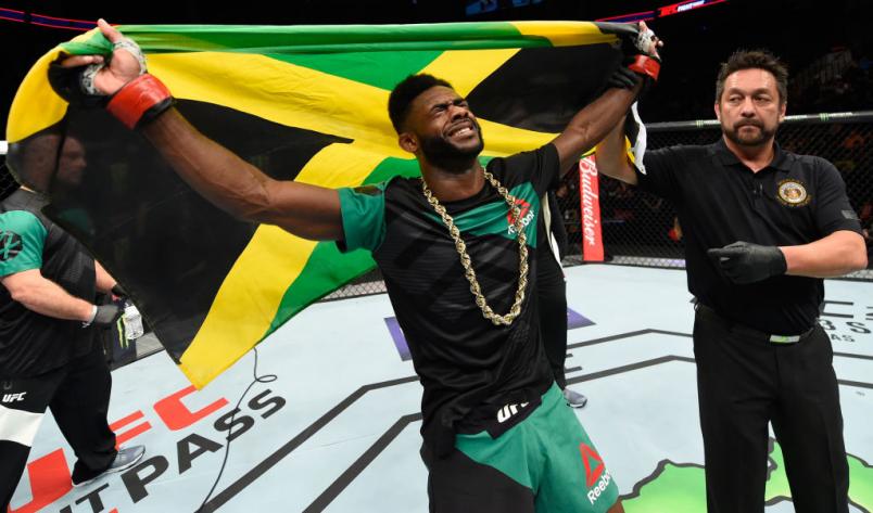 KANSAS CITY, MO - APRIL 15: Aljamain Sterling celebrates his victory over Augusto Mendes of Brazil in their bantamweight fight during the UFC Fight Night event at Sprint Center on April 15, 2017 in Kansas City, Missouri. (Photo by Josh Hedges/Zuffa LLC/Z