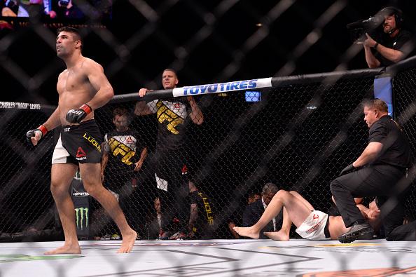 LAS VEGAS, NV - JULY 07: Vicente Luque celebrates after his submission victory over Alvaro Herrera of Mexico in their welterweight bout during the UFC Fight Night event inside the MGM Grand Garden Arena on July 7, 2016 in Las Vegas, Nevada. (Photo by Br