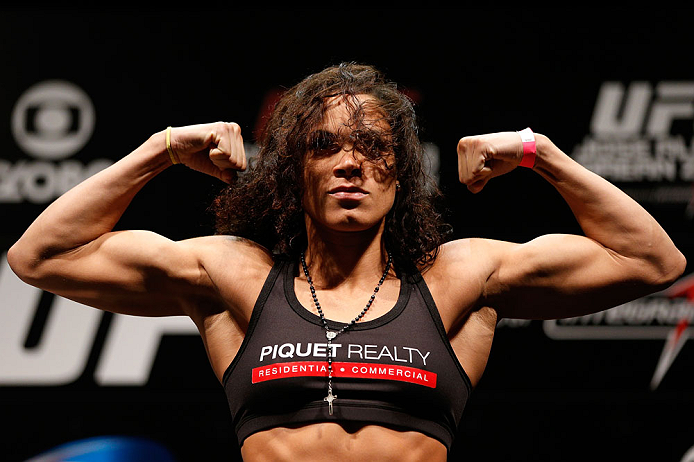 RIO DE JANEIRO, BRAZIL - AUGUST 02: Amanda Nunes weighs in during the UFC 163 weigh-in at HSBC Arena on August 2, 2013 in Rio de Janeiro, Brazil. (Photo by Josh Hedges/Zuffa LLC/Zuffa LLC via Getty Images)