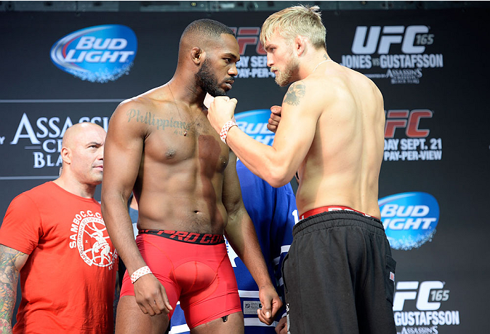 TORONTO, CANADA - SEPTEMBER 20: (L-R) UFC light heavyweight champion Jon 'Bones' Jones faces off against Alenxander 'The Mauler' Gustafsson during the UFC 165 weigh-in at the Maple Leaf Square on September 20, 2013 in Toronto, Ontario, Canada. Jon Jones