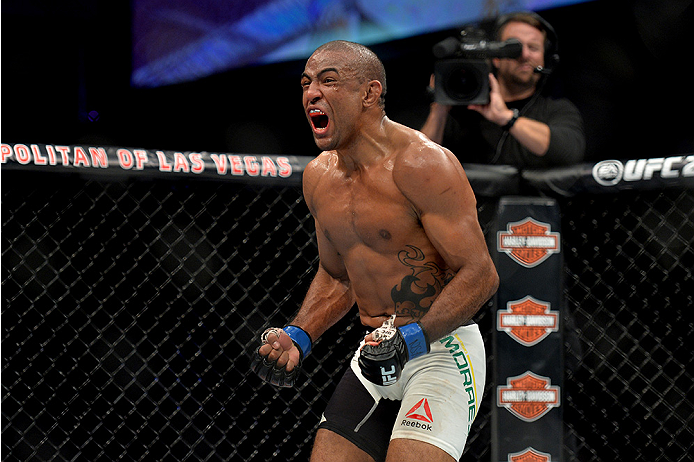 LAS VEGAS, NEVADA - DECEMBER 10: Sergio Moraes celebrates his win over Omari Akhmedov in their welterweight bout during the UFC Fight Night event at The Chelsea at the Cosmopolitan of Las Vegas on December 10, 2015 in Las Vegas, Nevada. (Photo by Brando