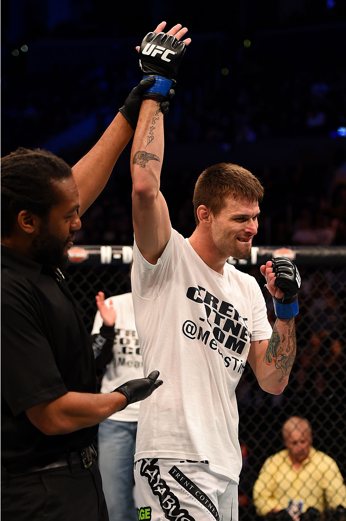 LOS ANGELES, CA - FEBRUARY 28: Tim Means celebrates after defeating Dhiego Lima in their welterweight bout during the UFC 184 event at Staples Center on February 28, 2015 in Los Angeles, California. (Photo by Josh Hedges/Zuffa LLC/Zuffa LLC via Getty Im