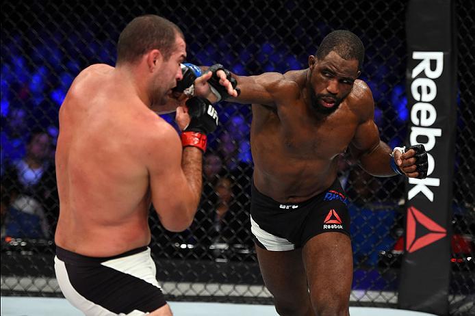 CURITIBA, BRAZIL - MAY 14: (R-L) Corey Anderson punches Mauricio 'Shogun' Rua of Brazil in their light heavyweight bout during the UFC 198 event at Arena da Baixada stadium on May 14, 2016 in Curitiba, Parana, Brazil. (Photo by Josh Hedges/Zuffa LLC/Zuf