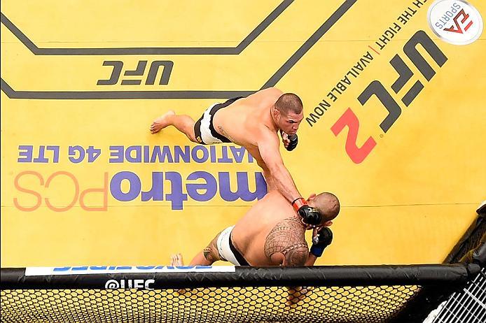 LAS VEGAS, NV - JULY 09: An overhead view of the Octagon as Cain Velasquez punches Travis Browne during the UFC 200 event on July 9, 2016 at T-Mobile Arena in Las Vegas, Nevada. (Photo by Josh Hedges/Zuffa LLC/Zuffa LLC via Getty Images) *** Local Capti