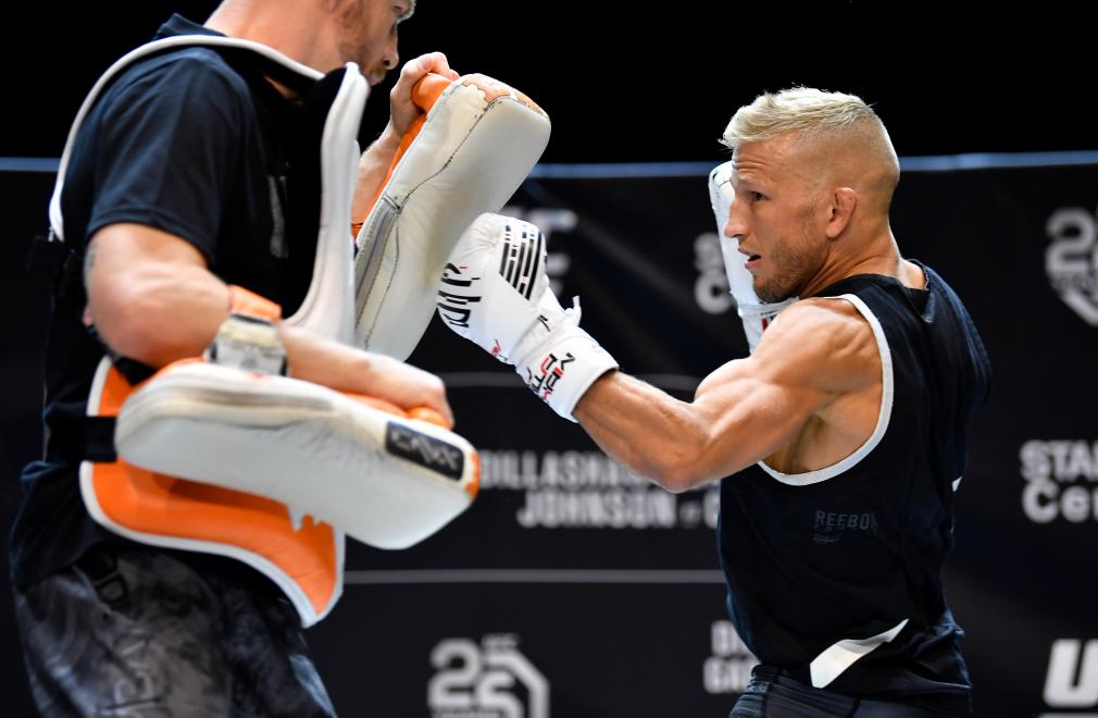 LOS ANGELES, CA - AUGUST 01: UFC bantamweight champion TJ Dillashaw holds an open workout for fans and media at The Novo at LA Live on August 1, 2018 in Los Angeles, California. (Photo by Jeff Bottari/Zuffa LLC/Zuffa LLC via Getty Images)