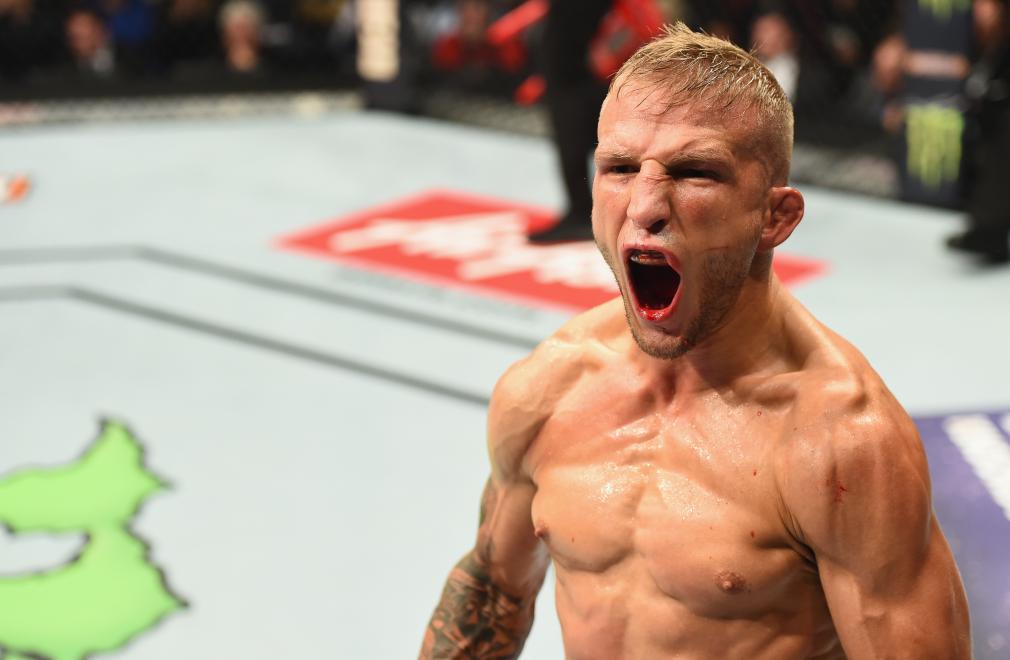 NEW YORK, NY - NOVEMBER 04: TJ Dillashaw celebrates his victory over Cody Garbrandt in their UFC bantamweight championship bout during the UFC 217 event at Madison Square Garden on November 4, 2017 in New York City. (Photo by Josh Hedges/Zuffa LLC/Zuffa LLC via Getty Images)