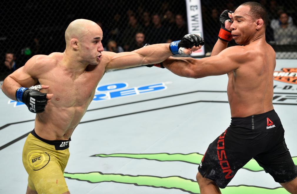 NORFOLK, VA - NOVEMBER 11: (L-R) Marlon Moraes of Brazil punches John Dodson in their bantamweight bout during the UFC Fight Night event inside the Ted Constant Convention Center on November 11, 2017 in Norfolk, Virginia. (Photo by Brandon Magnus/Zuffa LLC/Zuffa LLC via Getty Images)