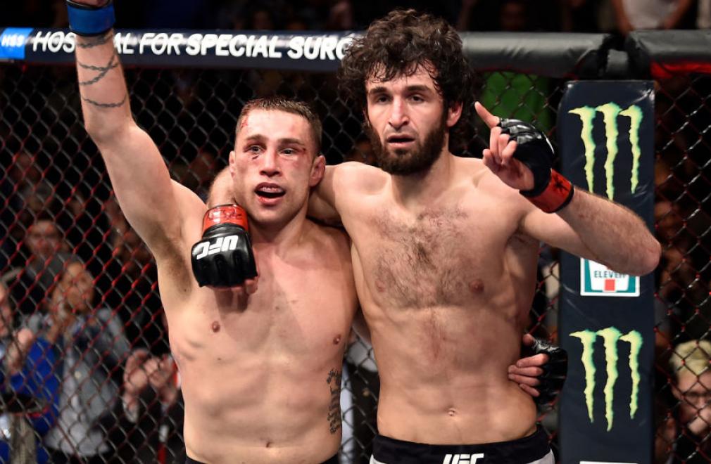 BROOKLYN, NEW YORK - APRIL 07: (L-R) Kyle Bochniak and Zabit Magomedsharipov of Russia react after the conclusion of their featherweight bout during the UFC 223 event inside Barclays Center on April 7, 2018 in Brooklyn, New York. (Photo by Jeff Bottari/
